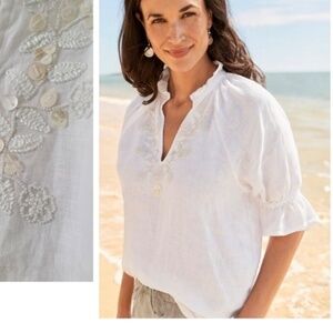 Tommy Bahama Coastalina linen White Puff Sleeve Blouse with Ruffle Collar XS